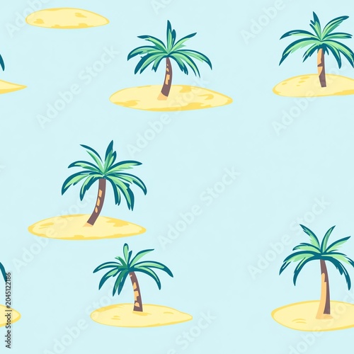 Beach scene with palm trees and sand seamless pattern.