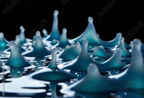 Abstract blue liquid droplets on dark background.