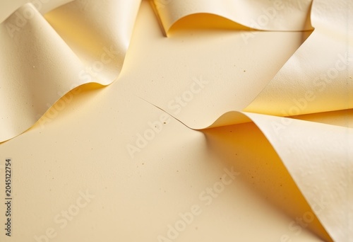 Abstract composition of folded beige paper sheets.