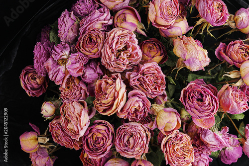 Dried pink peony roses bouquet on dark background closeup. Beautiful dry flowers texture floral background in dark moody style. Vintage romantic aesthetic, top view photography backdrop