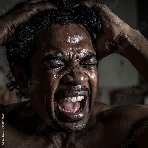 Distressed Sweaty Man Screaming with Hands on Head in Dark Indoor Setting