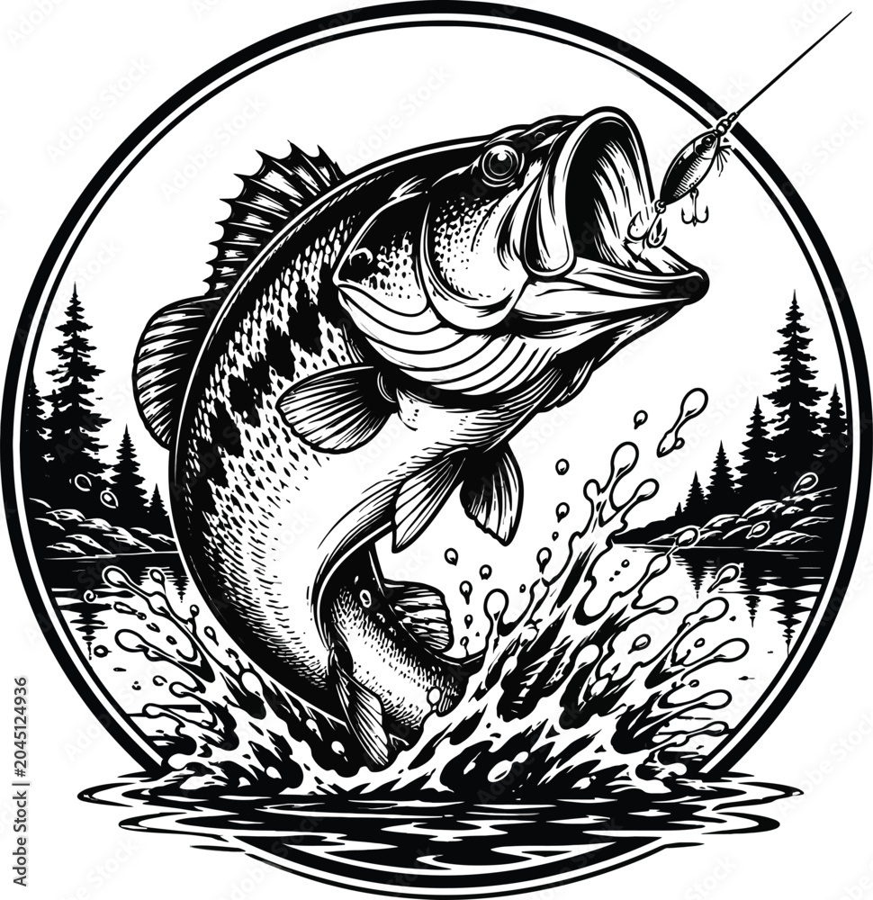 Obraz premium Largemouth bass fish jumping out of water to catch a fishing lure vector illustration. Sport fishing tournament round emblem logo design. Isolated black and white monochrome line art circular badge wi