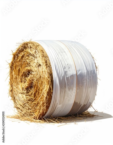 Cylindrical bale of straw wrapped in white plastic, on white background