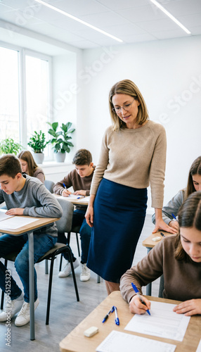 A teacher stands among the desks where students are writing their assignments. A modern school classroom with students.