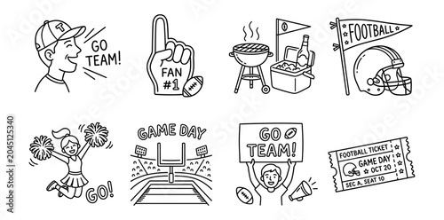 American Football Game Day Hand-drawn Vector Icon Set. Line art illustrations featuring enthusiastic fans, tailgate party, cheerleader, stadium, helmet, ticket, and foam finger for sports marketing