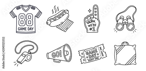 American Football Game Day Doodle Icons Collection. Hand-drawn line art illustrations of sports fan essentials: jersey, hot dog, foam finger, binoculars, whistle, megaphone, ticket, and cushion.