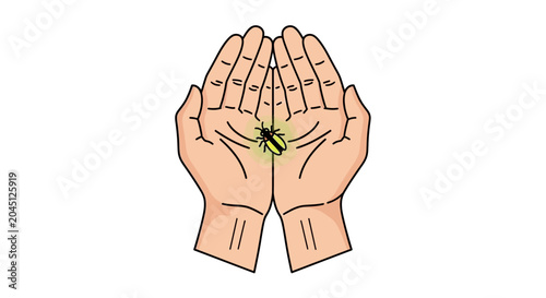 Open Hands Cupping a Glowing Firefly at Night, Insect Light