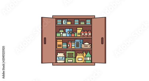 Pantry Organization: Open Cabinet Filled With Food Products and Storage Containers