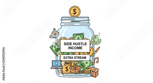 Side Hustle Income Jar: Money, Cash, Coins, Laptop, Art Supplies, Savings