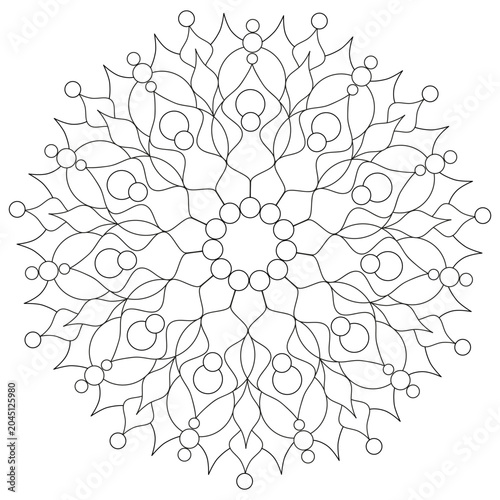 Symmetrical floral composition. Anti-stress relaxing activity for adults and children. Black outline on a white background. Mandala. Vector illustration for coloring book.