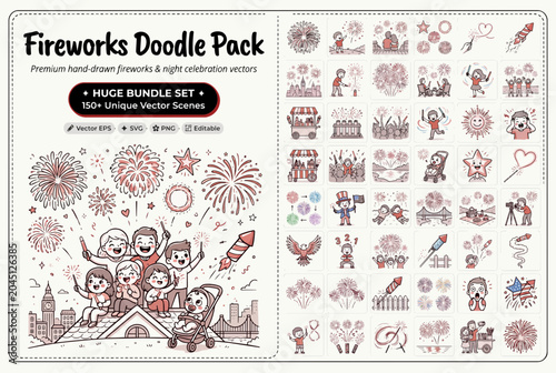 Fireworks doodle pack, vector illustrations, festive icons, holiday decorations