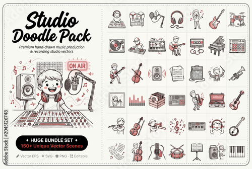 Studio doodle pack, music icons, vector illustrations, huge bundle set