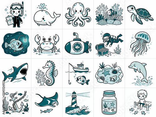 Underwater creatures, ocean animals, sea icons, marine life illustrations, 20 vector stickers