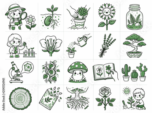 Botanical icons, green illustrations, plant symbols, gardening doodles, eco friendly set
