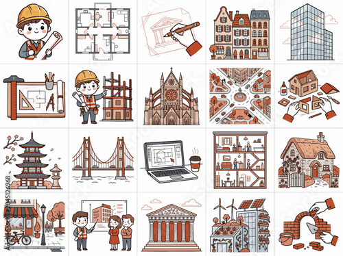 Construction icons, architecture symbols, building illustrations, engineering graphics