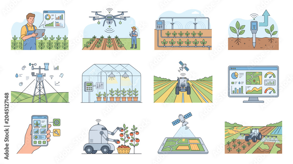 Fototapeta premium Smart farming technology concepts showing automated agriculture with drones, robots, iot sensors, climate control, gps guidance, and data analysis for precision farming management