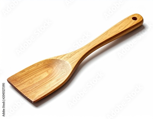 Natural wood kitchen spatula with a curved handle and beveled edge