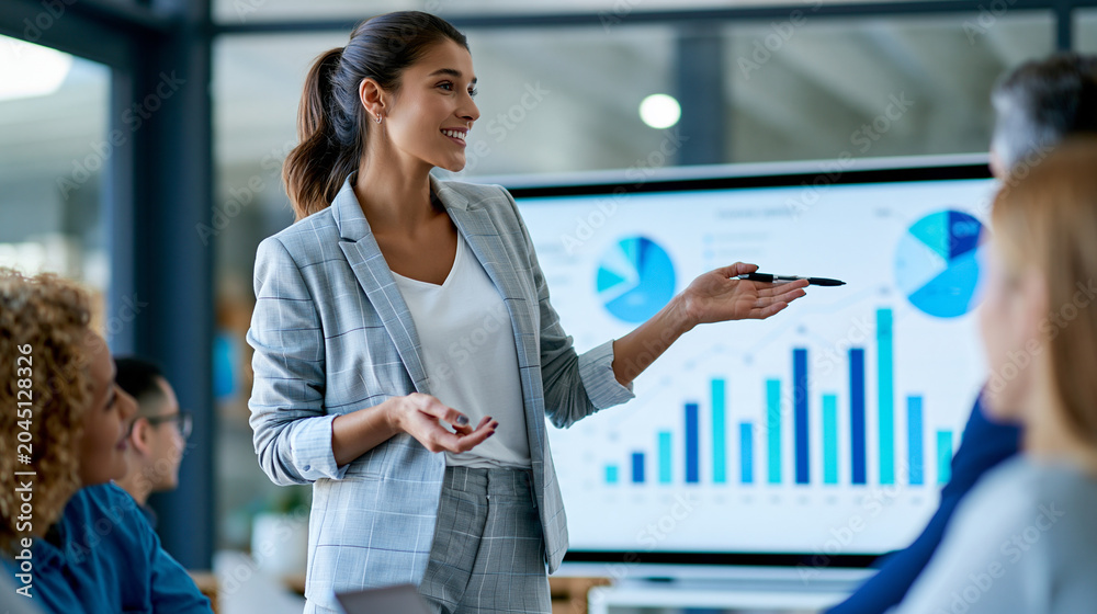 Fototapeta premium Anonymous professional woman in business attire presenting charts on a digital whiteboard to a seated team, corporate training concept, faceless, defocused meeting room