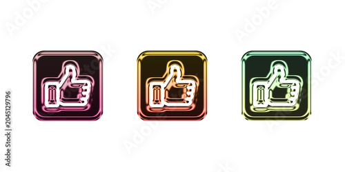 3d Colorful thumbs up icons in square frames with shiny effect isolated on transparent background