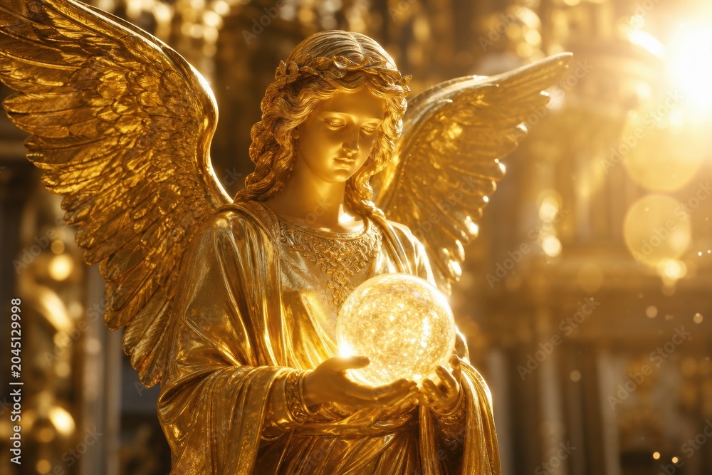 Obraz premium Golden angel statue holding glowing crystal orb with spread wings and intricate details in a warm light setting representing peace and spirituality