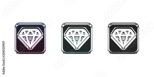 3d Three shiny black and silver diamond shaped icons on transparent background