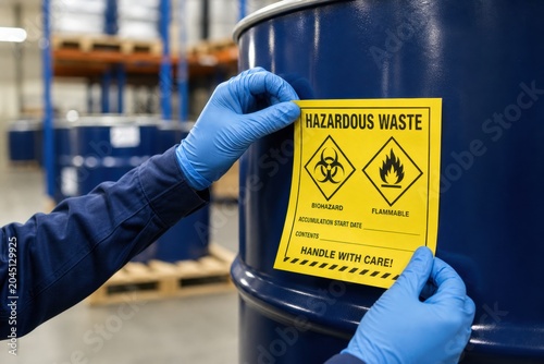 Worker applying hazardous waste label to drum in an industrial warehouse setting to ensure safety compliance and proper disposal of toxic flammable biohazard materials