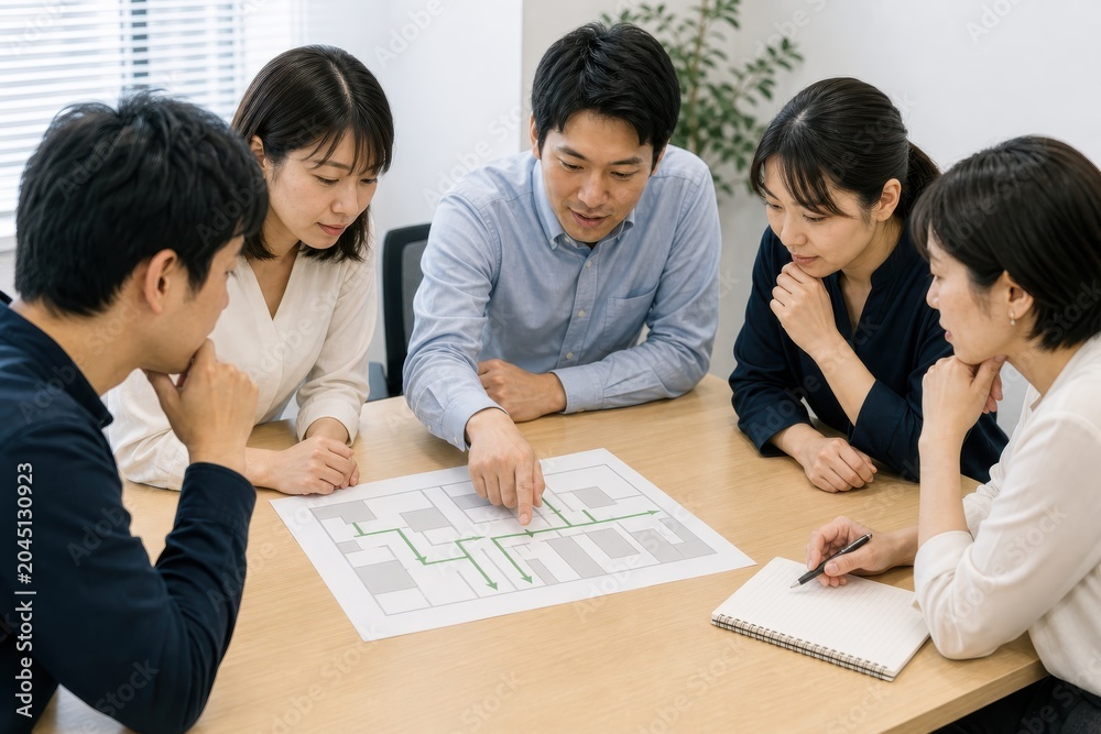 Fototapeta premium 避難経路図を囲んで確認する社員チーム