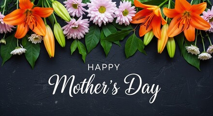 Happy Mother's Day greeting card with orange lilies and pink flowers on a dark stone background for spring celebration.