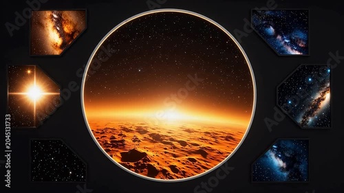 Cosmic landscape with starry sky and celestial bodies