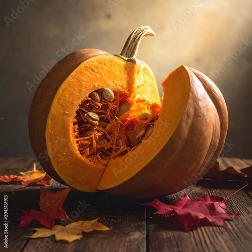 Ripe Orange Pumpkin Cut Open on Rustic Wooden Table with Autumn Leaves