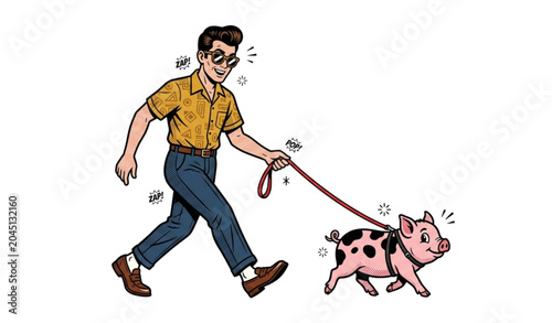 Foto Pop art man walking mini pig vector illustration in retro comic imitation style