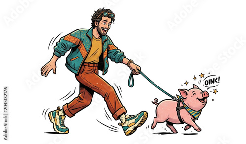 Bild auf Leinwand Retro pop art comic illustration with fashionable man walking a cute mini pig ch