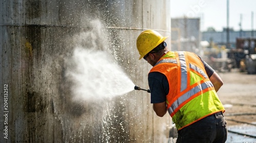 Industrial worker using high pressure water sprayer to clean a large concrete tank at a construction site while wearing safety gear including a hard hat and high visibility vest