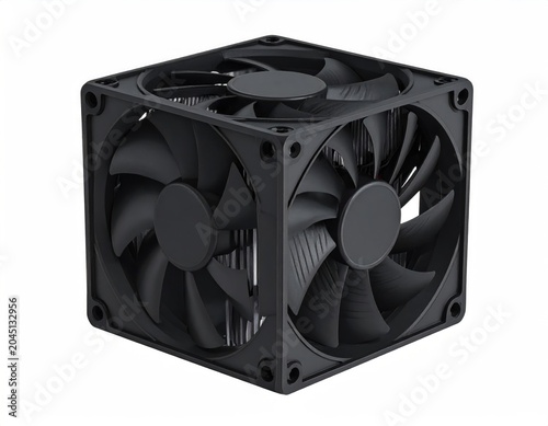 Compact, cube-shaped, black cooling fan with multiple blades on each side