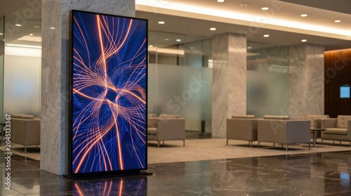 Vertical digital signage display in modern lobby showing abstract glowing light patterns on a large screen within a luxury corporate office interior with marble pillars