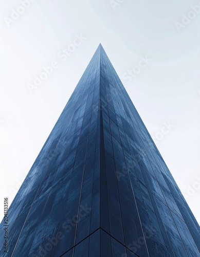 Tall, dark, glass skyscraper pierces a pale sky