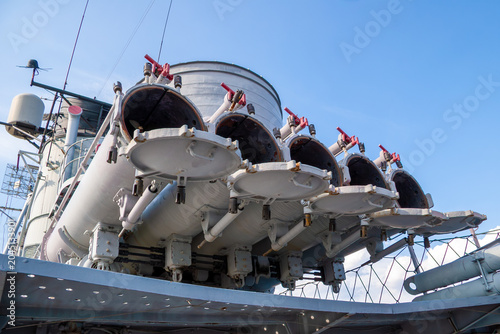 Tableau sur toile Deck-mounted quintuple torpedo launcher tubes on USS Cassin Young (DD-793), WW-II destroyer now a National Park Service museum in Boston, Mass