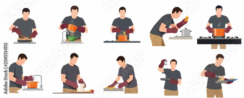 Bild auf Leinwand Man Cooking Pasta and Preparing Meals Illustration Set, Flat Vector Character Co