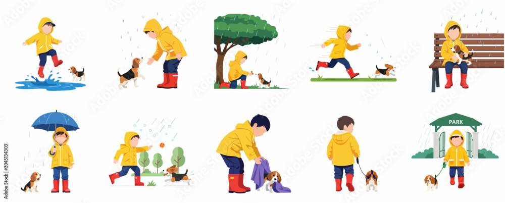 Fototapeta premium Set of vector illustrations featuring a boy in a yellow raincoat and his beagle puppy enjoying various activities on a rainy day