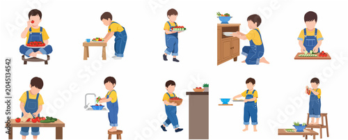 Flat vector illustration set of a young boy helping in the kitchen, washing and preparing fresh vegetables like tomatoes and cucumbers for a healthy meal.