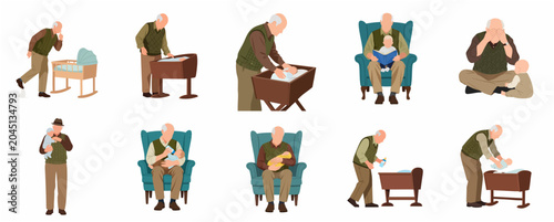 Fényképezés Grandfather taking care of his baby grandchild set of vector illustrations of el