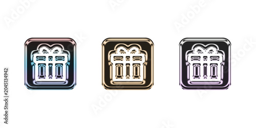 3d Shiny metal icons with architectural designs on black background isolated on transparent background