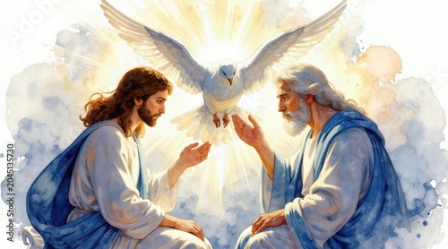 Jesus Christ and God the Father meet in divine light with Holy Spirit dove above. Watercolor art shows trinity concept. Christian faith and spiritual symbolism. Sacred religious scene for worship.