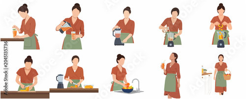 Foto Set of flat illustrations of a woman preparing a healthy fruit smoothie step by