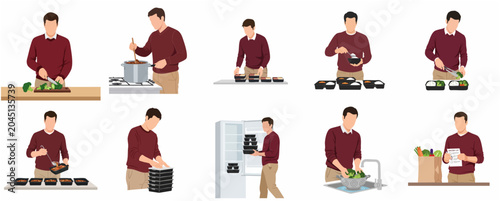 Foto Vector illustration set of a man preparing healthy meals, including chopping, cooking, portioning into containers, and organizing a refrigerator for a weekly meal prep routine