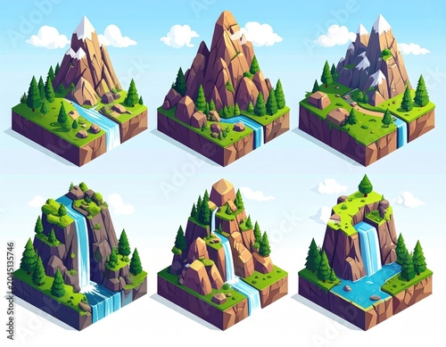 Six isometric mountain scenes with waterfalls, rivers, and trees