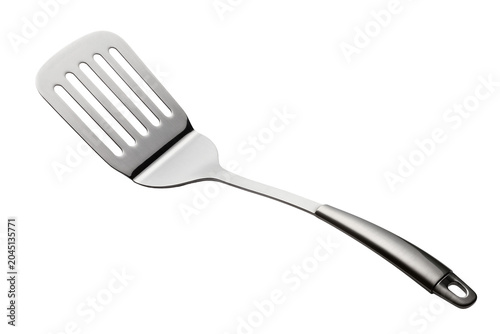фотографія Isolated metal slotted spatula with ergonomic handle, polished kitchen cooking u