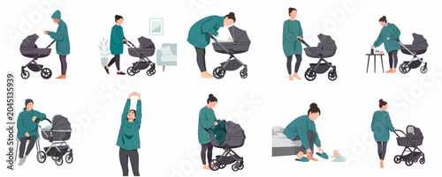 Foto Collection of flat vector illustrations depicting a young mother in a green sweater taking care of her baby and using a modern stroller in different daily life situations at home and outdoors