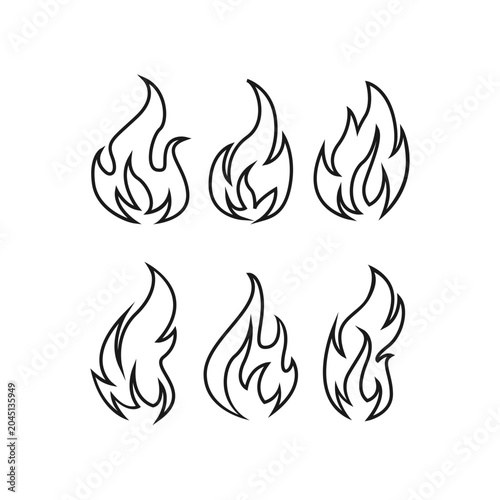 Flame Fire Line Icon Set Collection. Abstract Burning Heat Outline Symbols