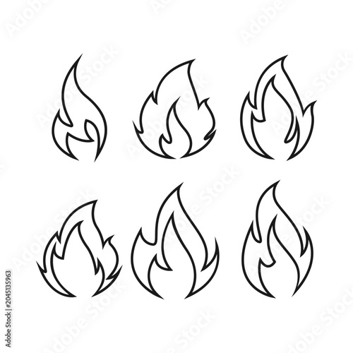 Fire Flame Outline Icon Pack. Burning Heat Symbol Collection